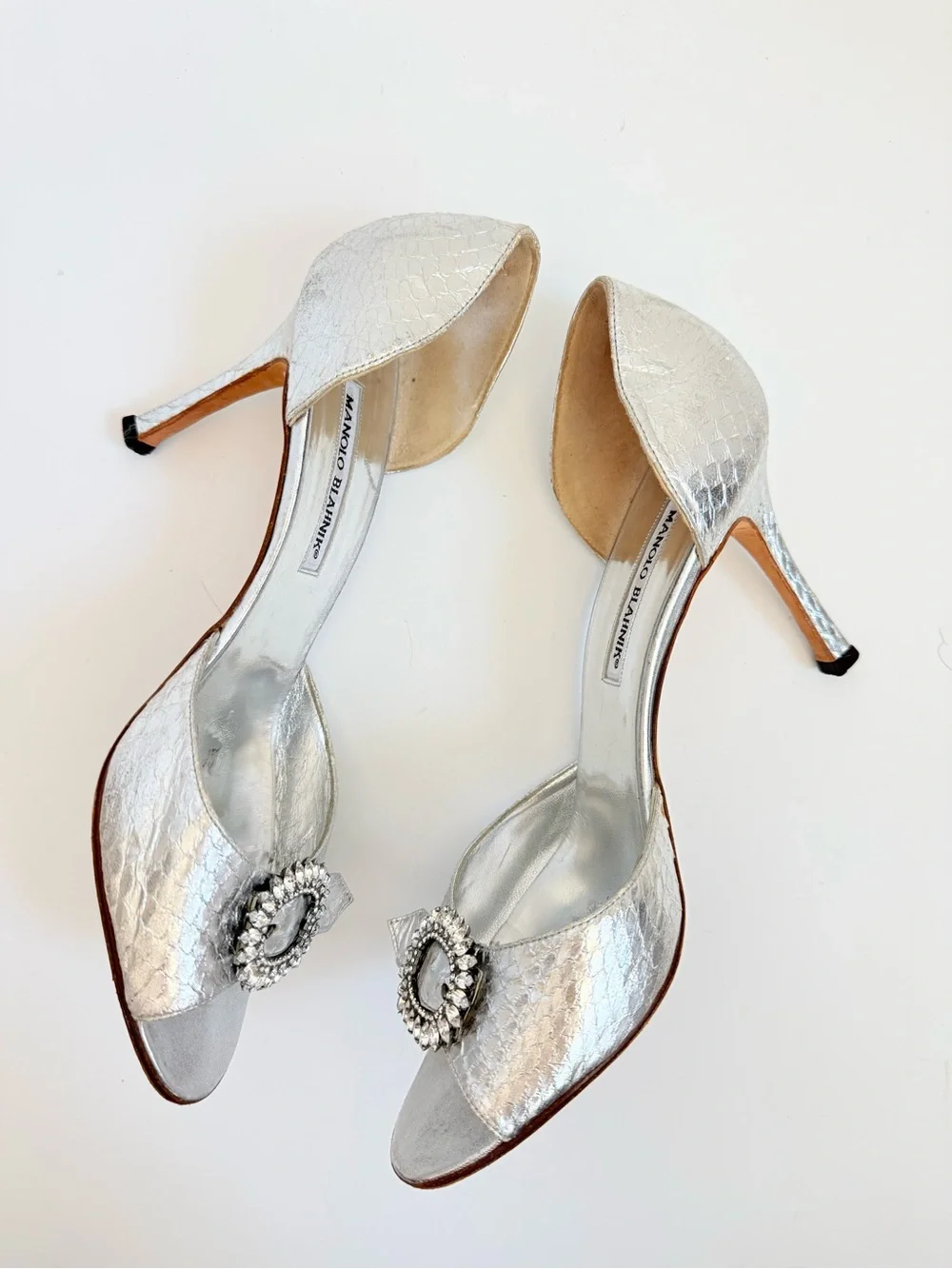 Manolo Blahnik Sedaraby Silver Python Crystal Buckle D’Orsay Mule Heels EU 39.5